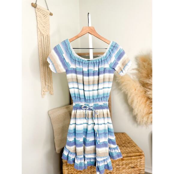 Anthropologie Drew Blue Stripe Off Shoulder Mini Dress Small Puff Sleeve - Picture 1 of 8